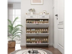 Hauss Spole Sapateira com 2 gavetas e 3 portas - Puxadores pretos - Branco + natural^ Móvel De Arrumação|Sapateira