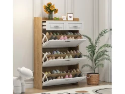 Hauss Spole Sapateira com 2 gavetas e 3 portas - Puxadores pretos - Branco + natural^ Móvel De Arrumação|Sapateira
