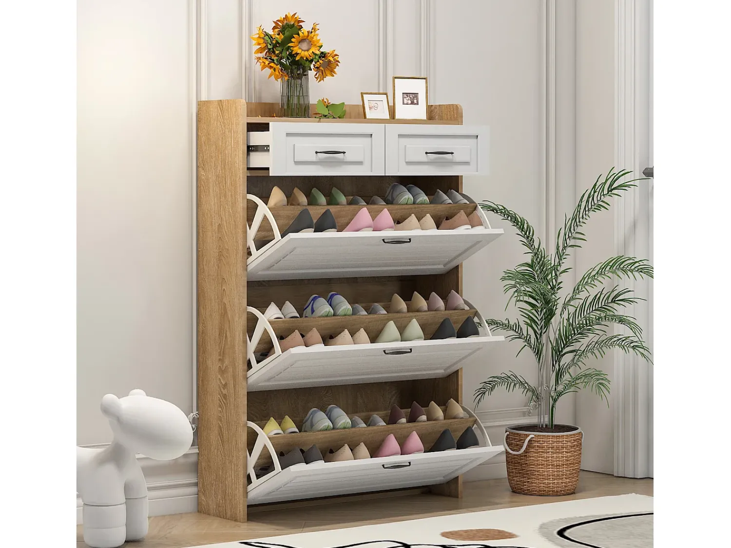 Hauss Spole Sapateira com 2 gavetas e 3 portas - Puxadores pretos - Branco + natural^ Móvel De Arrumação|Sapateira