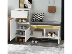 Outlet Hauss Spole Sapateira com 3 portas, 1 gaveta e almofada - Branca e dourada Branco