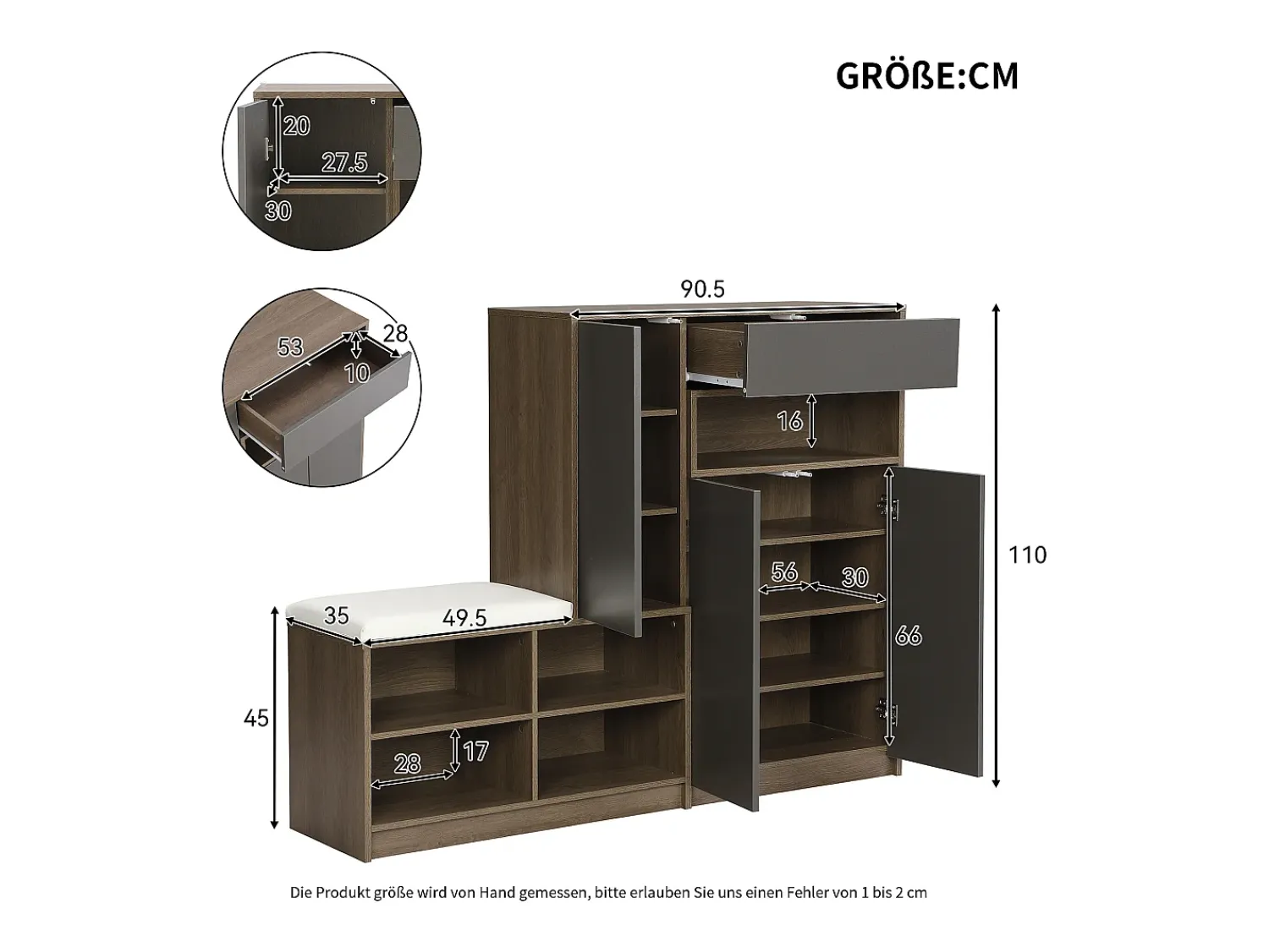 Hauss Spole Sapateira com 3 portas, 1 gaveta e banco estofado - Madeira PB - Cinza Cinzento