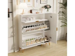 Discount Sapateira com 3 portas basculantes e gaveta de arrumação, 110 x 24 x 118,5 cm, branca Branco