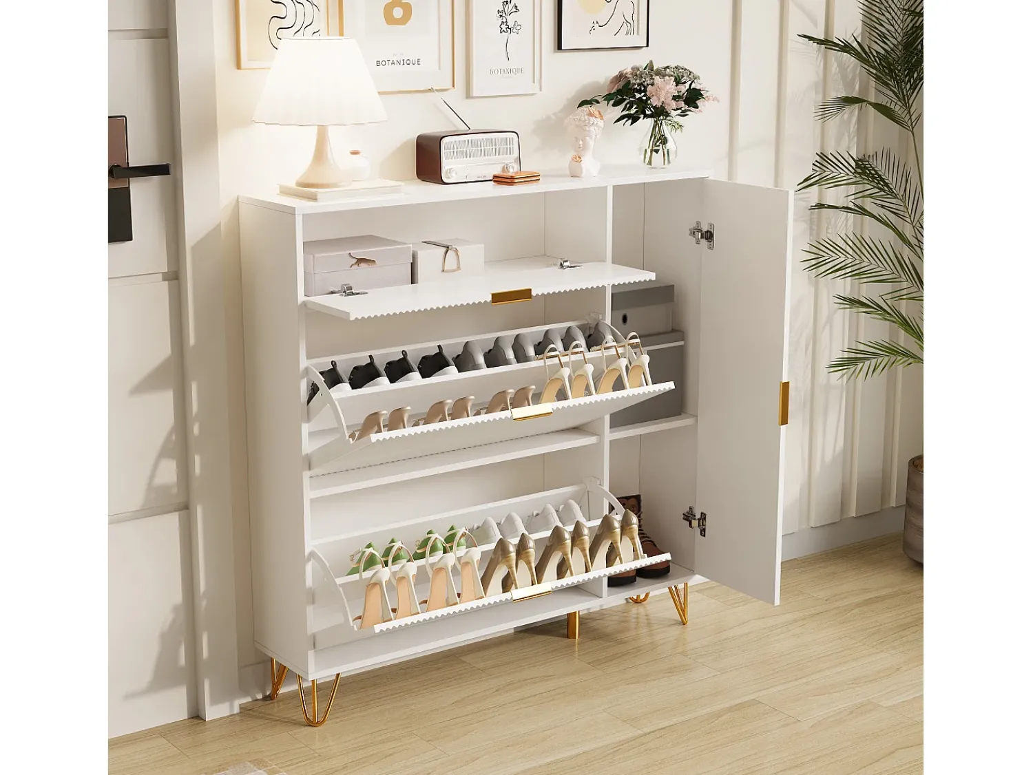 Discount Sapateira com 3 portas basculantes e gaveta de arrumação, 110 x 24 x 118,5 cm, branca Branco