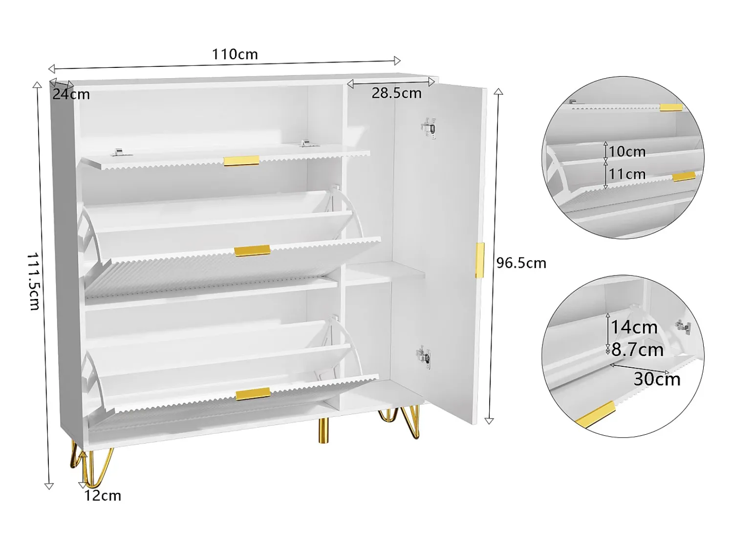Discount Sapateira com 3 portas basculantes e gaveta de arrumação, 110 x 24 x 118,5 cm, branca Branco