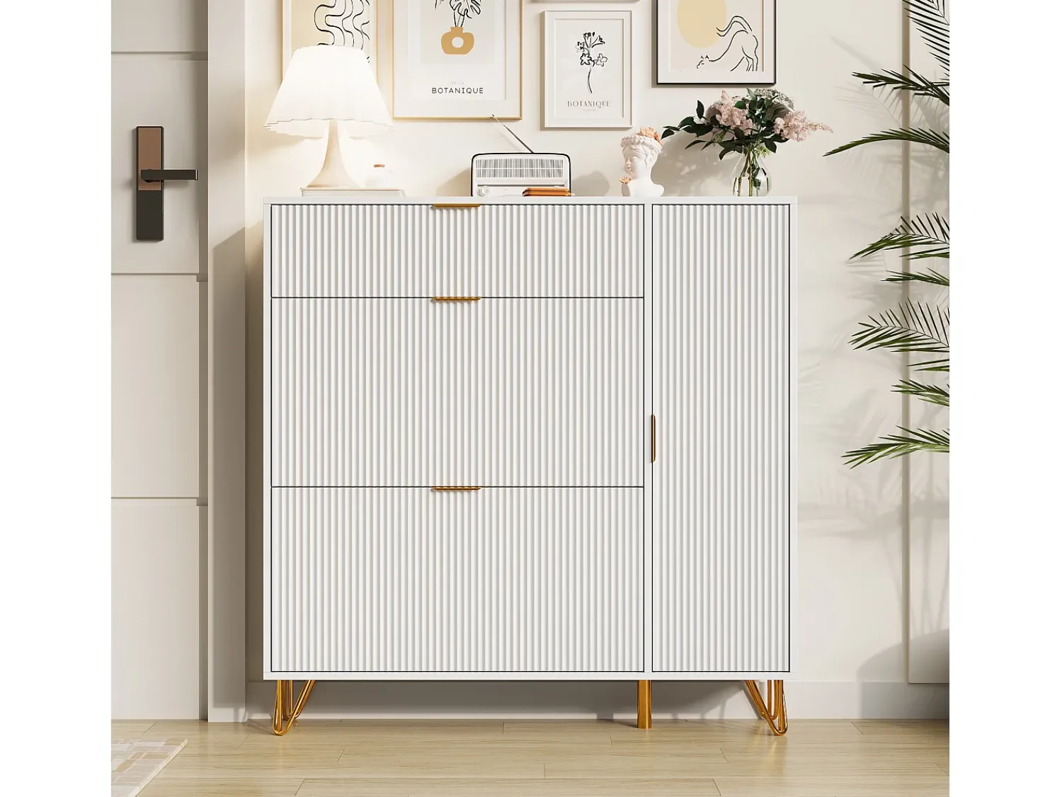 Discount Sapateira com 3 portas basculantes e gaveta de arrumação, 110 x 24 x 118,5 cm, branca Branco