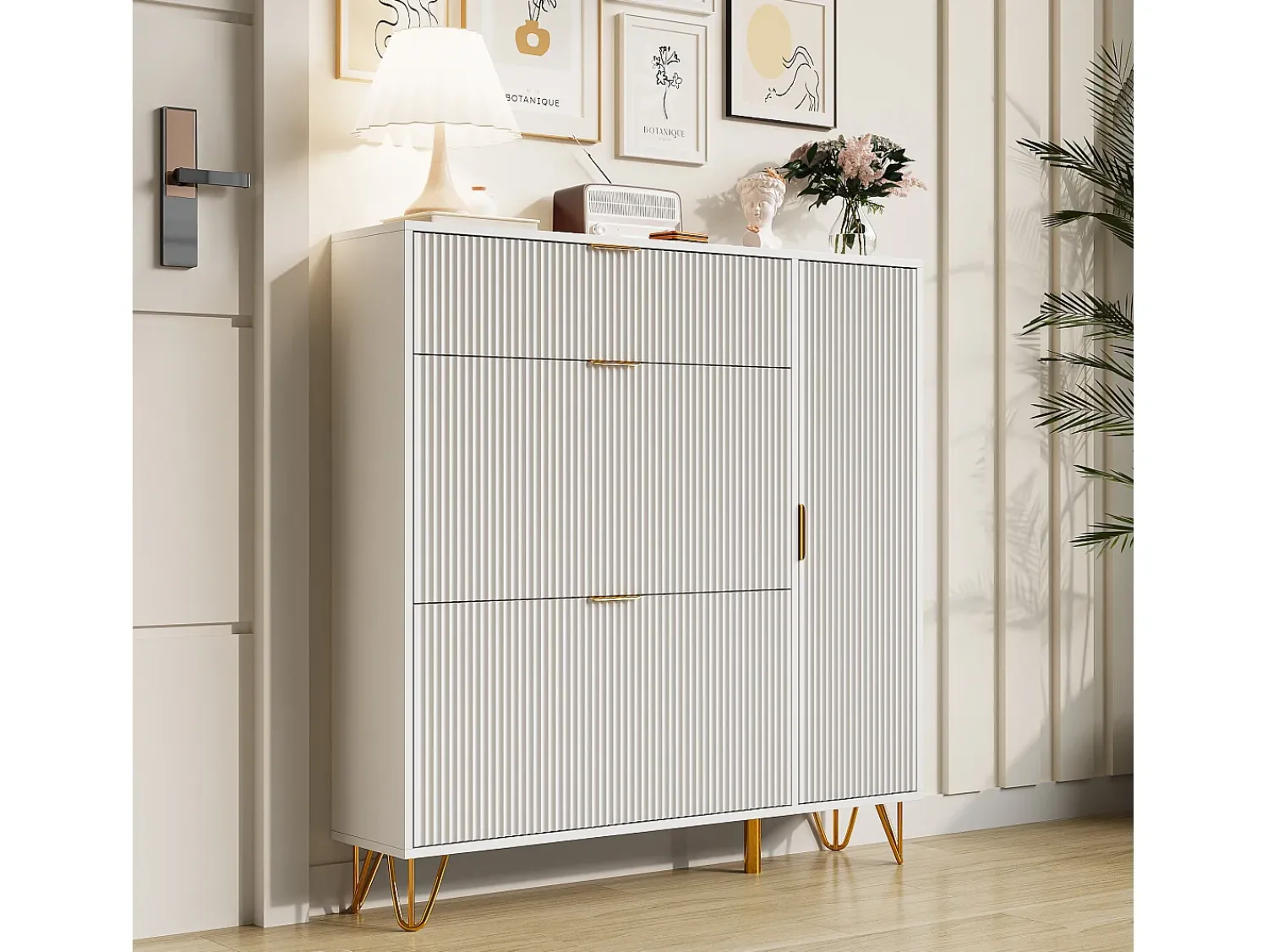 Discount Sapateira com 3 portas basculantes e gaveta de arrumação, 110 x 24 x 118,5 cm, branca Branco