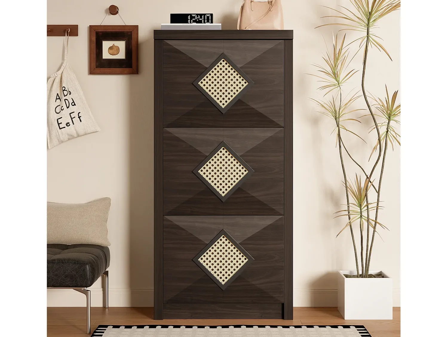 Hauss Spole Sapateira com 3 portas basculantes, 54x25x115 cm - Estilo vintage em madeira castanha escura^ Móvel De Arrumação|Sapateira