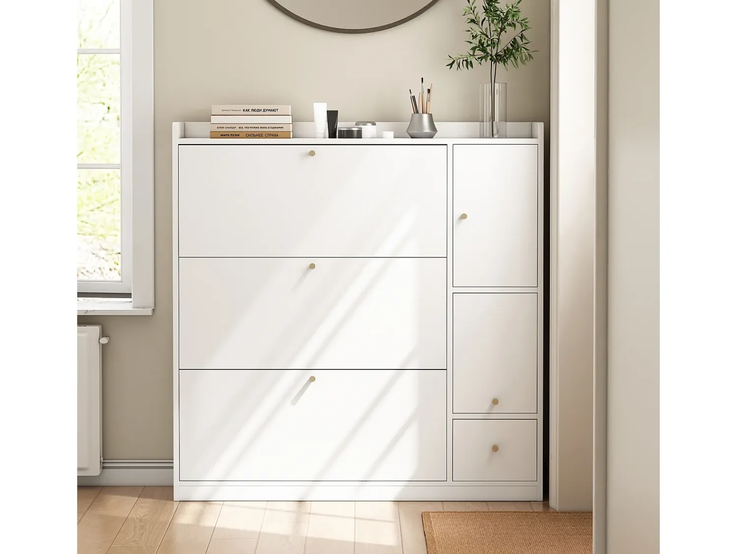 Merax Sapateira com 4 portas e 1 banco dobrável - 119 x 24 x 122 cm - Aglomerado -^ Móvel De Arrumação|Sapateira