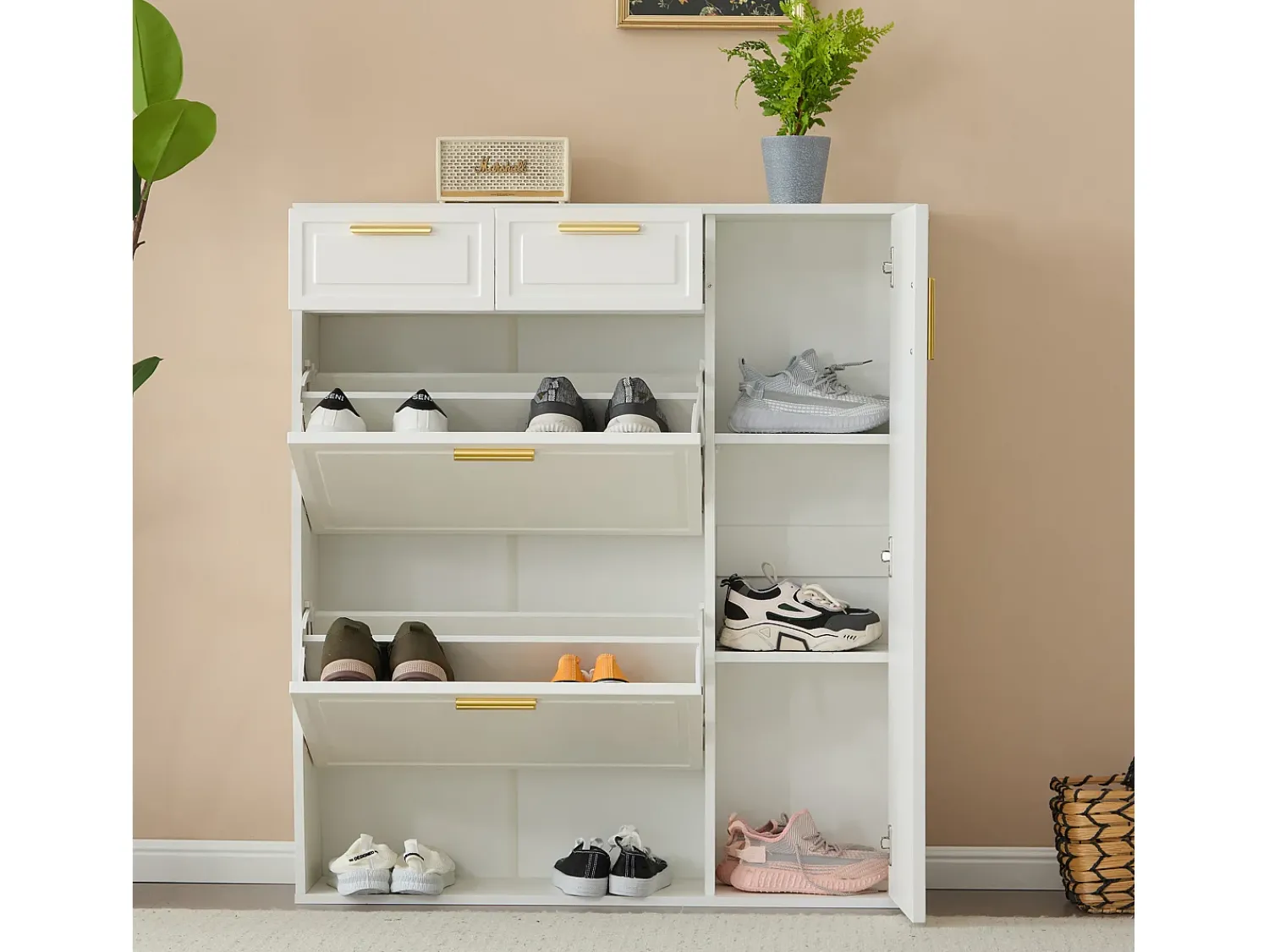 Móvel De Arrumação|Sapateira*Merax Sapateira com 3 portas e 2 gavetas - 95 x 24 x 107,5 cm - Prateleiras reguláveis - Aglomerado - Branco