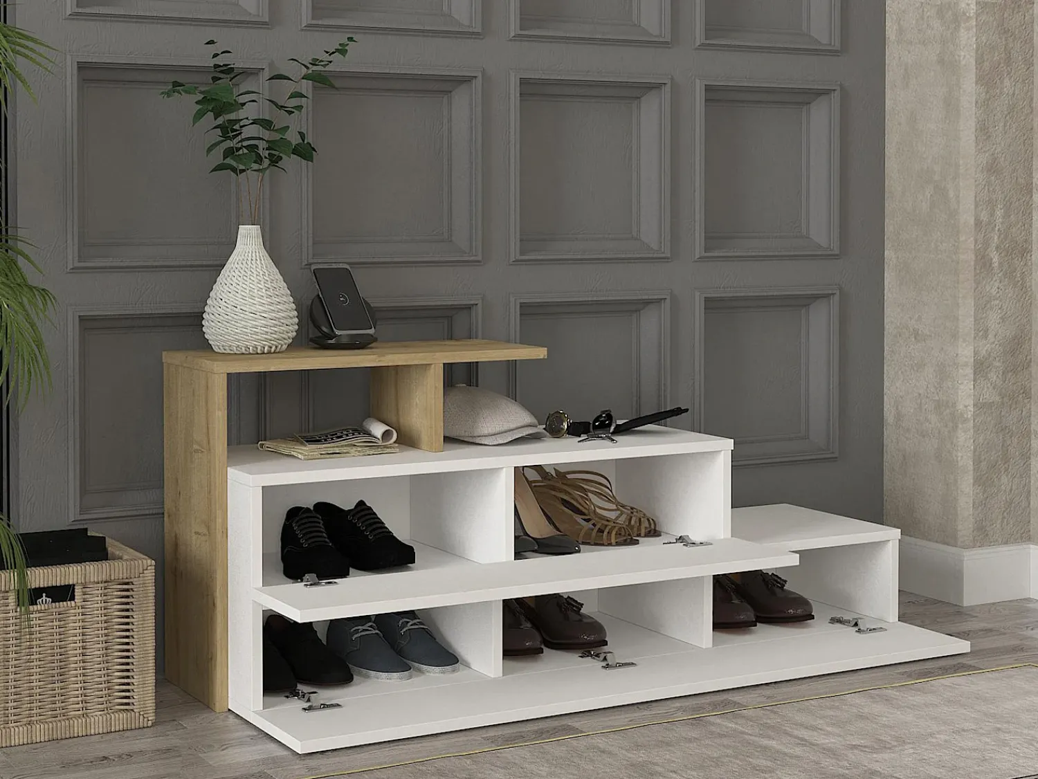 Vente-unique Sapateira com 2 portas e 1 prateleira - Branco e Natural - DAVISTA^ Móvel De Arrumação|Sapateira