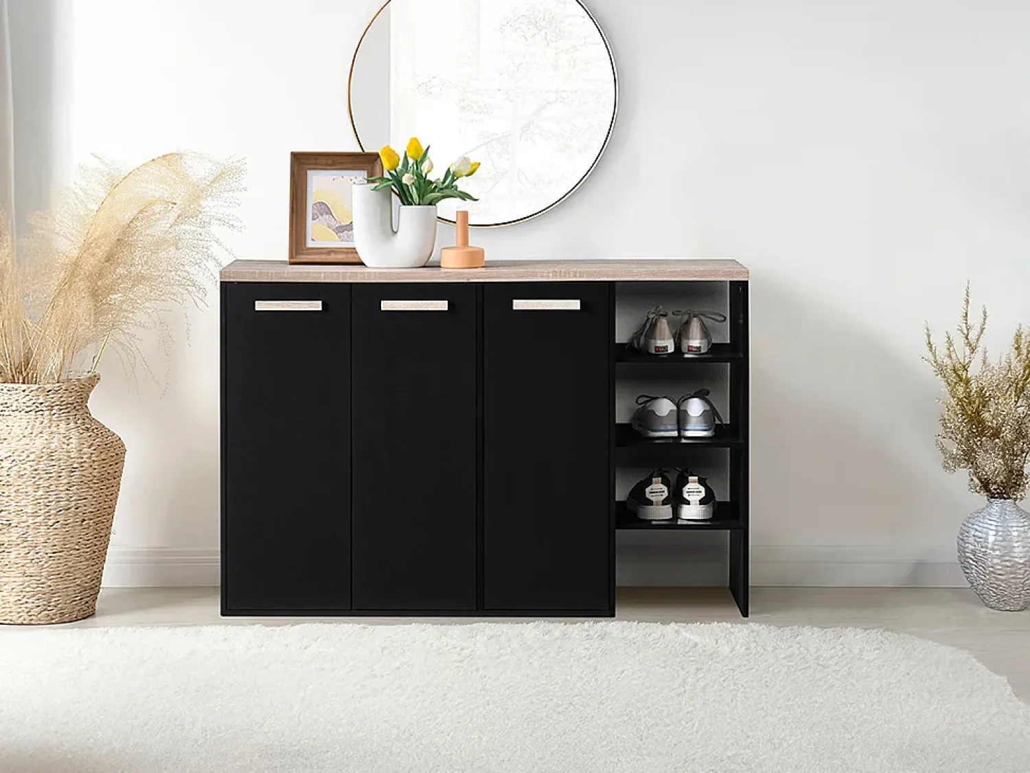 Hot Vente-unique Sapateira com 3 portas e 3 nichos preto e natural claro - SKAIDO Preto / Natural claro
