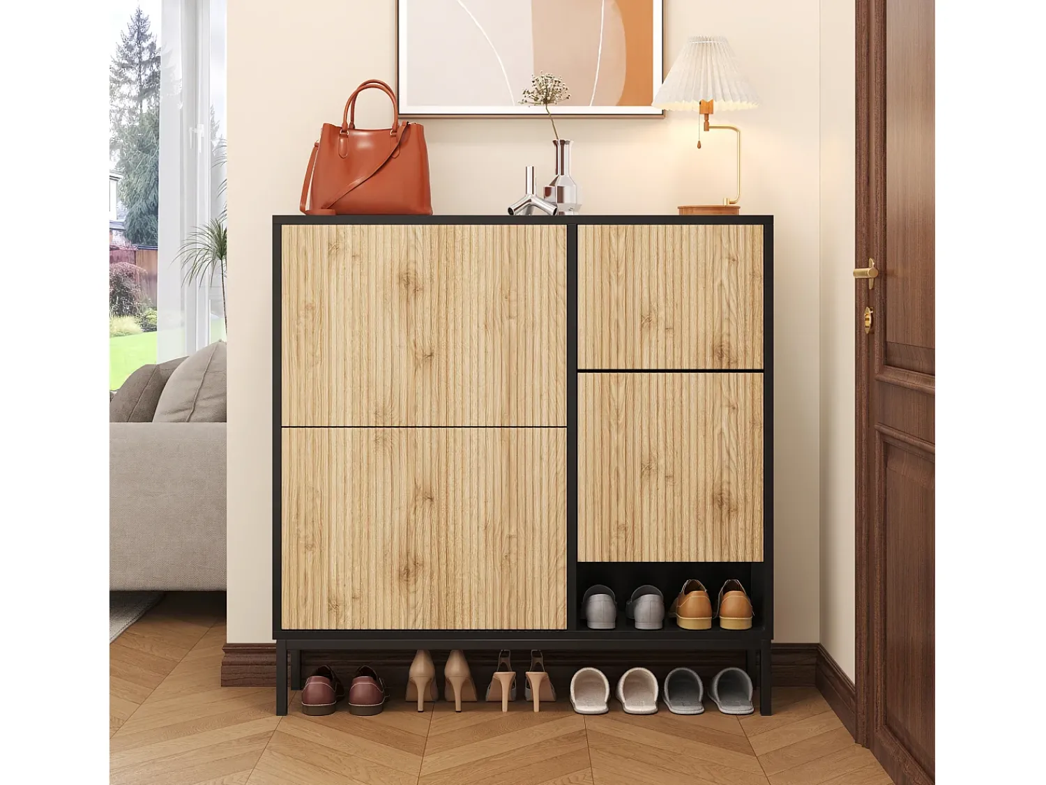 Sale Merax Sapateira com 4 portas e trocador - 105 x 25 x 115,5 cm - MDF - brilhante Preto