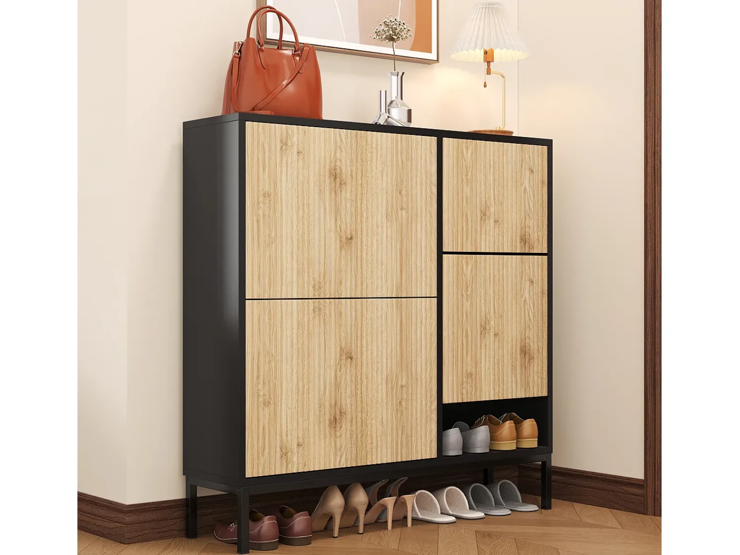 Sale Merax Sapateira com 4 portas e trocador - 105 x 25 x 115,5 cm - MDF - brilhante Preto