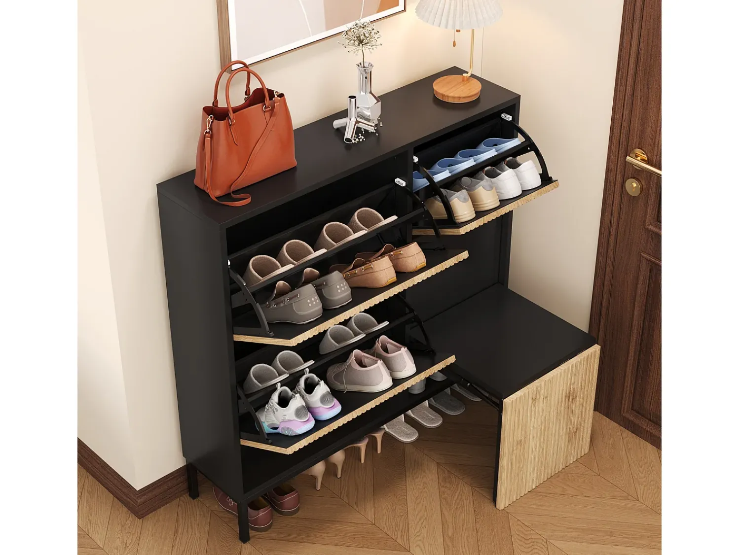 Sale Merax Sapateira com 4 portas e trocador - 105 x 25 x 115,5 cm - MDF - brilhante Preto
