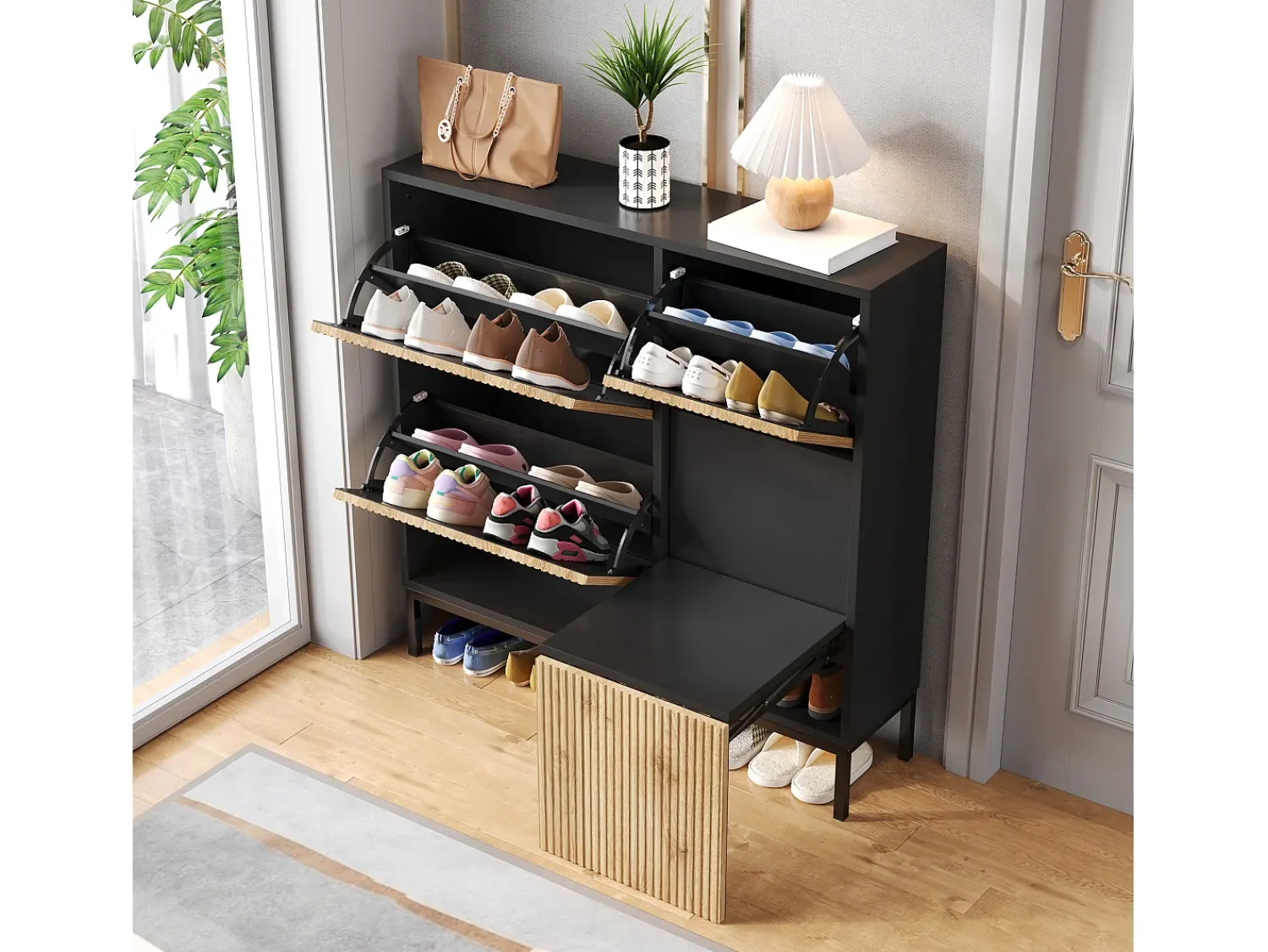 Sale Merax Sapateira com 4 portas e trocador - 105 x 25 x 115,5 cm - MDF - brilhante Preto