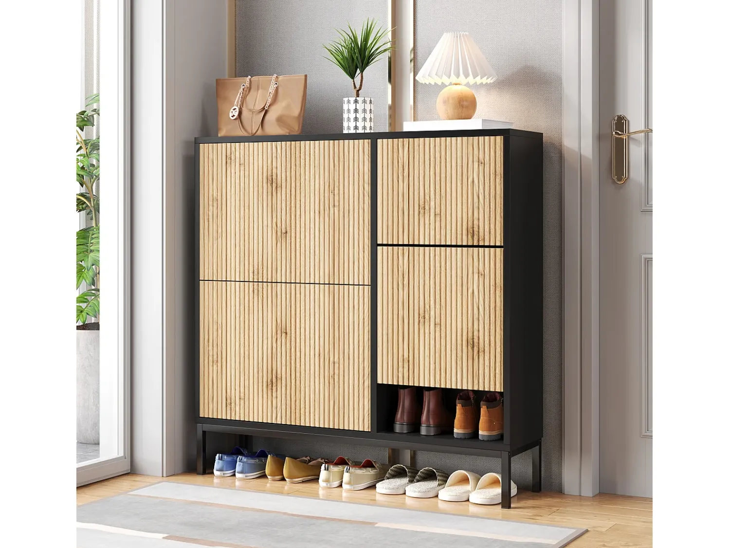 Sale Merax Sapateira com 4 portas e trocador - 105 x 25 x 115,5 cm - MDF - brilhante Preto