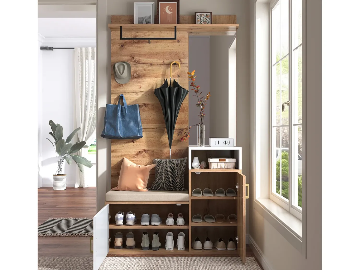 Móvel De Arrumação|Sapateira*Merax Sapateira com bancada, cabide e espelho - 105 x 40 x 190,5 cm - MDF e aglomerado - e madeira Branco