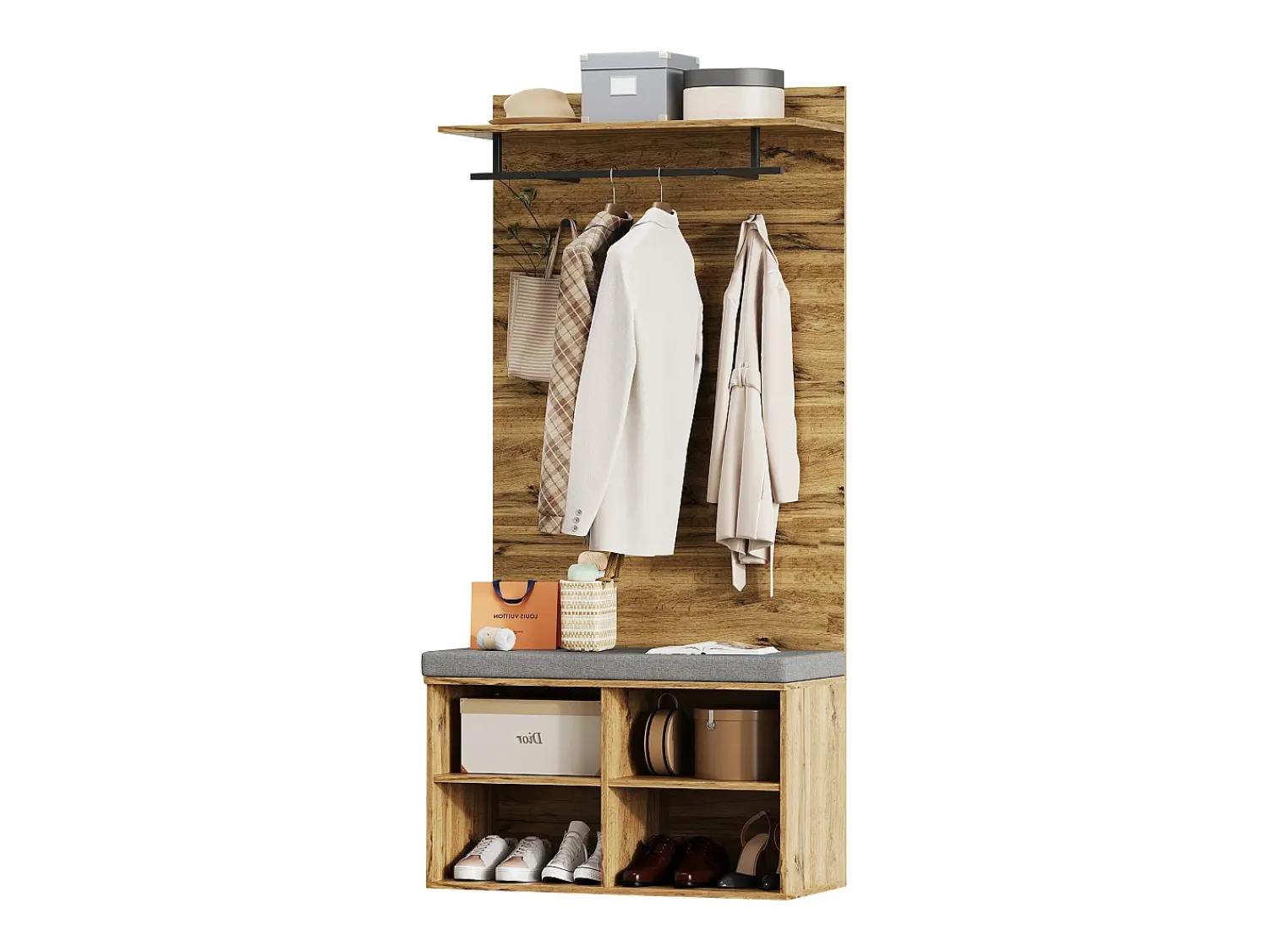 Móvel De Arrumação|Sapateira*Merax Sapateira com banco, 2 portas e cabide - 175 x 84 x 37 cm - Aglomerado - Prateleira ajustável - Carvalho Natural claro