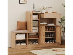 Móvel De Arrumação|Sapateira|Merax Sapateira com banco estofado - 142 x 35 x 110 cm - com 3 portas em rattan trançado + 1 gaveta - aglomerado - cor natural Natural claro
