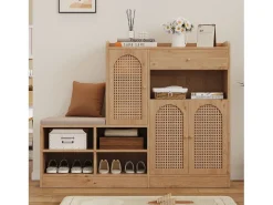 Móvel De Arrumação|Sapateira|Merax Sapateira com banco estofado - 142 x 35 x 110 cm - com 3 portas em rattan trançado + 1 gaveta - aglomerado - cor natural Natural claro