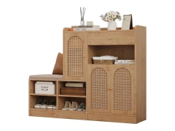 Móvel De Arrumação|Sapateira|Merax Sapateira com banco estofado - 142 x 35 x 110 cm - com 3 portas em rattan trançado + 1 gaveta - aglomerado - cor natural Natural claro