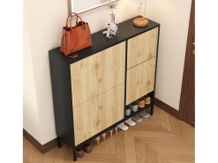 New ModernLuxe Sapateira com banco rebatível - 3 portas basculantes - Preto e Natural Natural claro