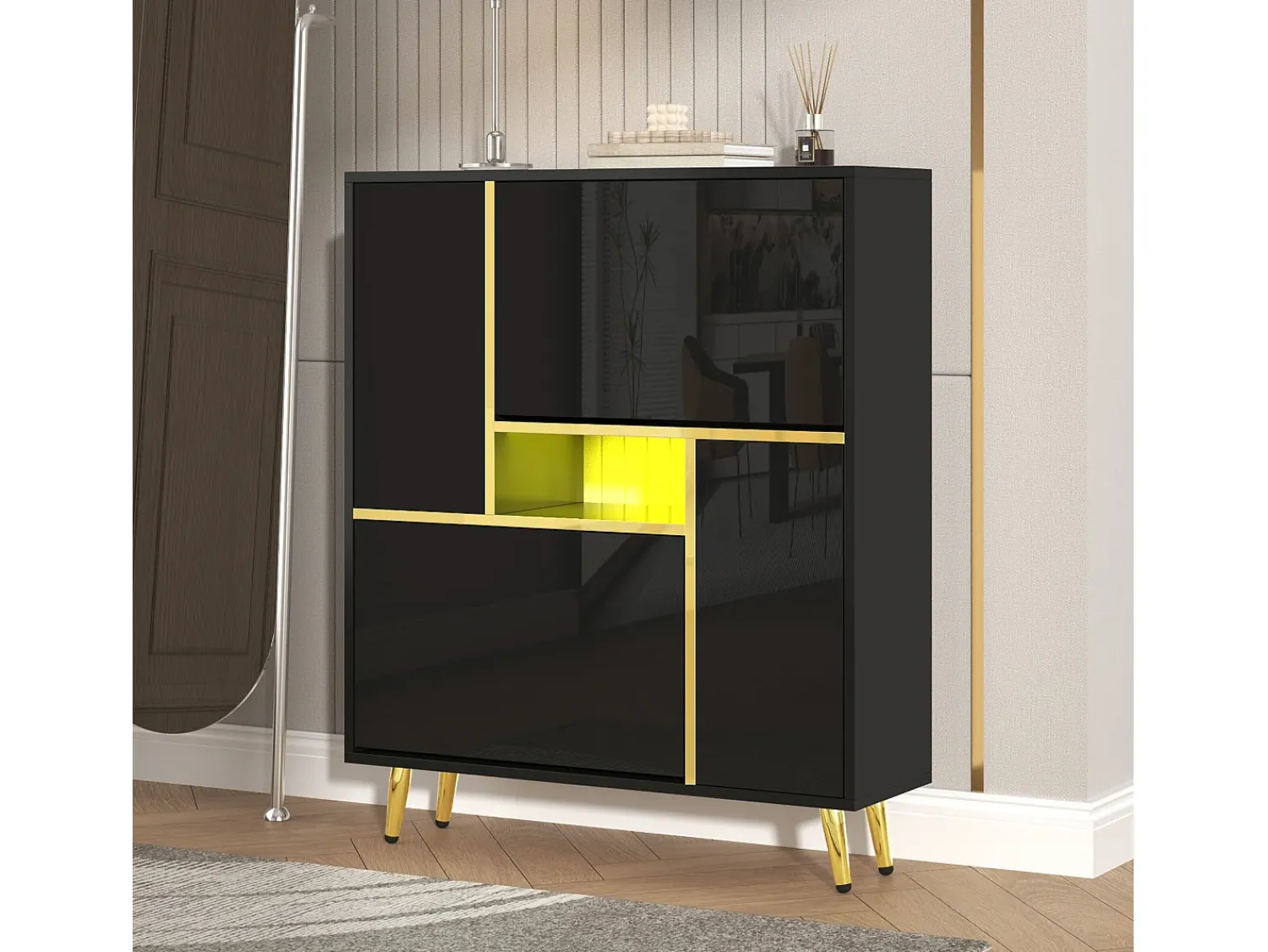 New Merax Sapateira com frente brilhante - 80 x 25 x 96 cm - LEDs - Aglomerado - Preto