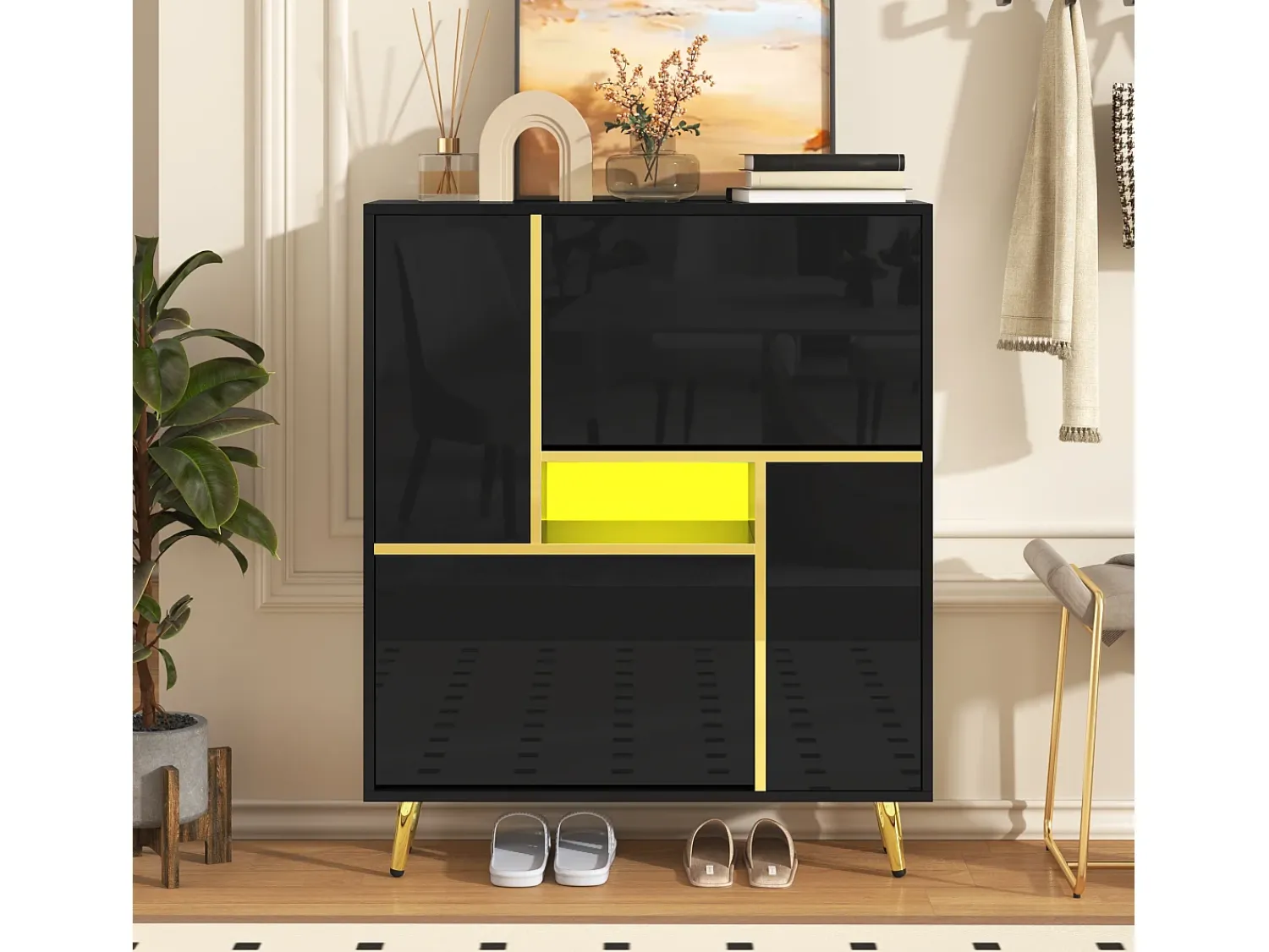 New Merax Sapateira com frente brilhante - 80 x 25 x 96 cm - LEDs - Aglomerado - Preto