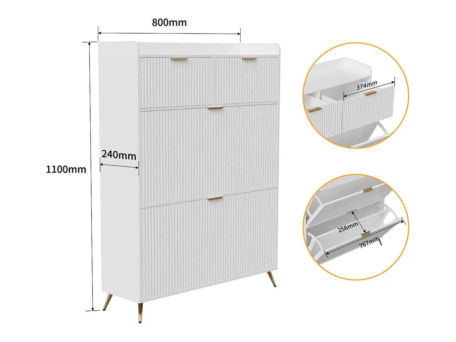 Sapateira com pés de metal, gavetas e divisórias ajustáveis, branca, 80 x 24 x 110 cm^ Móvel De Arrumação|Sapateira