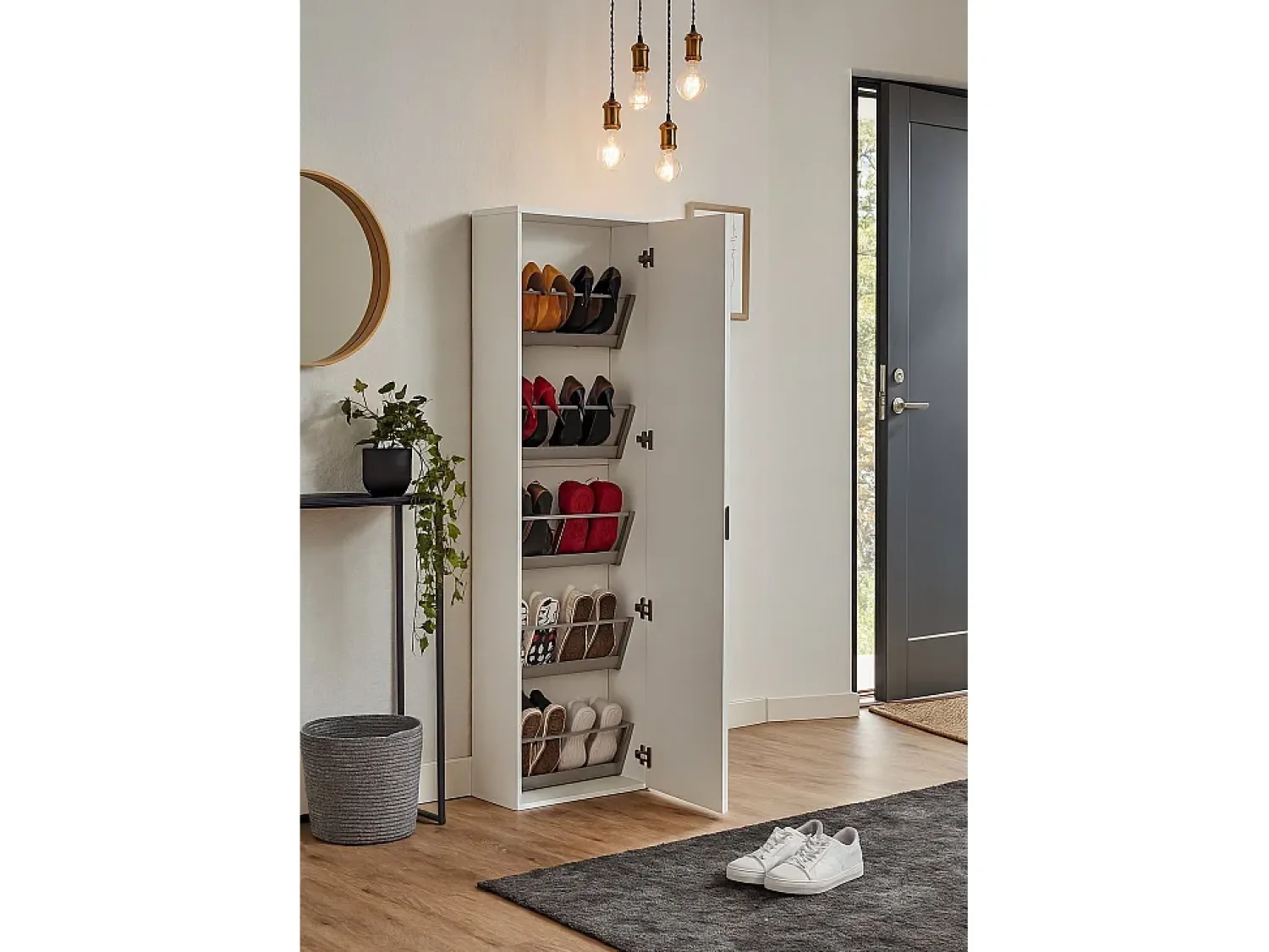 Móvel De Arrumação|Sapateira|Dmora Sapateira Dabarre, Móvel de entrada multiuso com porta espelhada, Sapateira moderna com 5 prateleiras, 100% Fabricado na Itália, 50x18h178 cm, Branco
