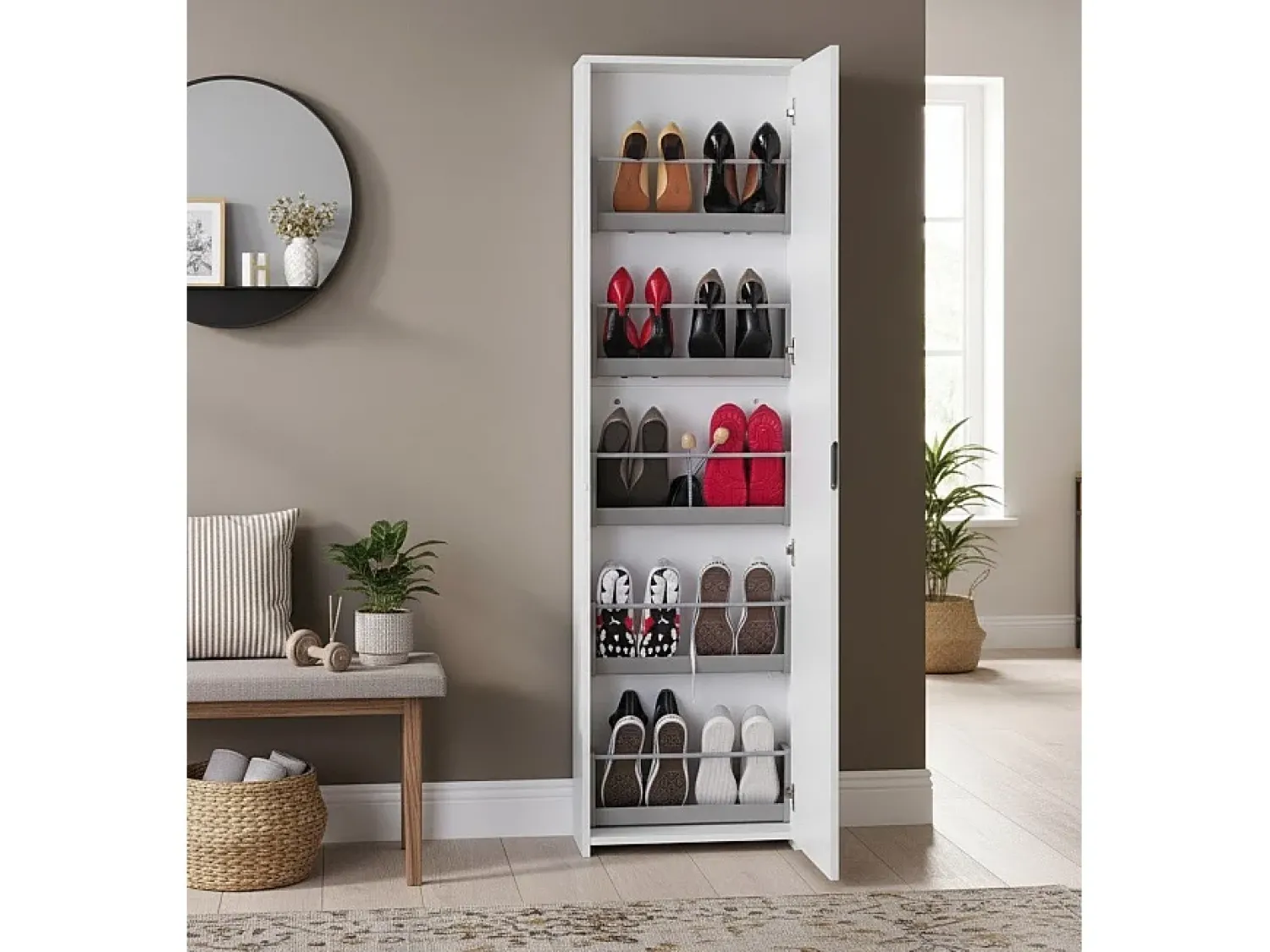 Móvel De Arrumação|Sapateira|Dmora Sapateira Dabarre, Móvel de entrada multiuso com porta espelhada, Sapateira moderna com 5 prateleiras, 100% Fabricado na Itália, 50x18h178 cm, Branco