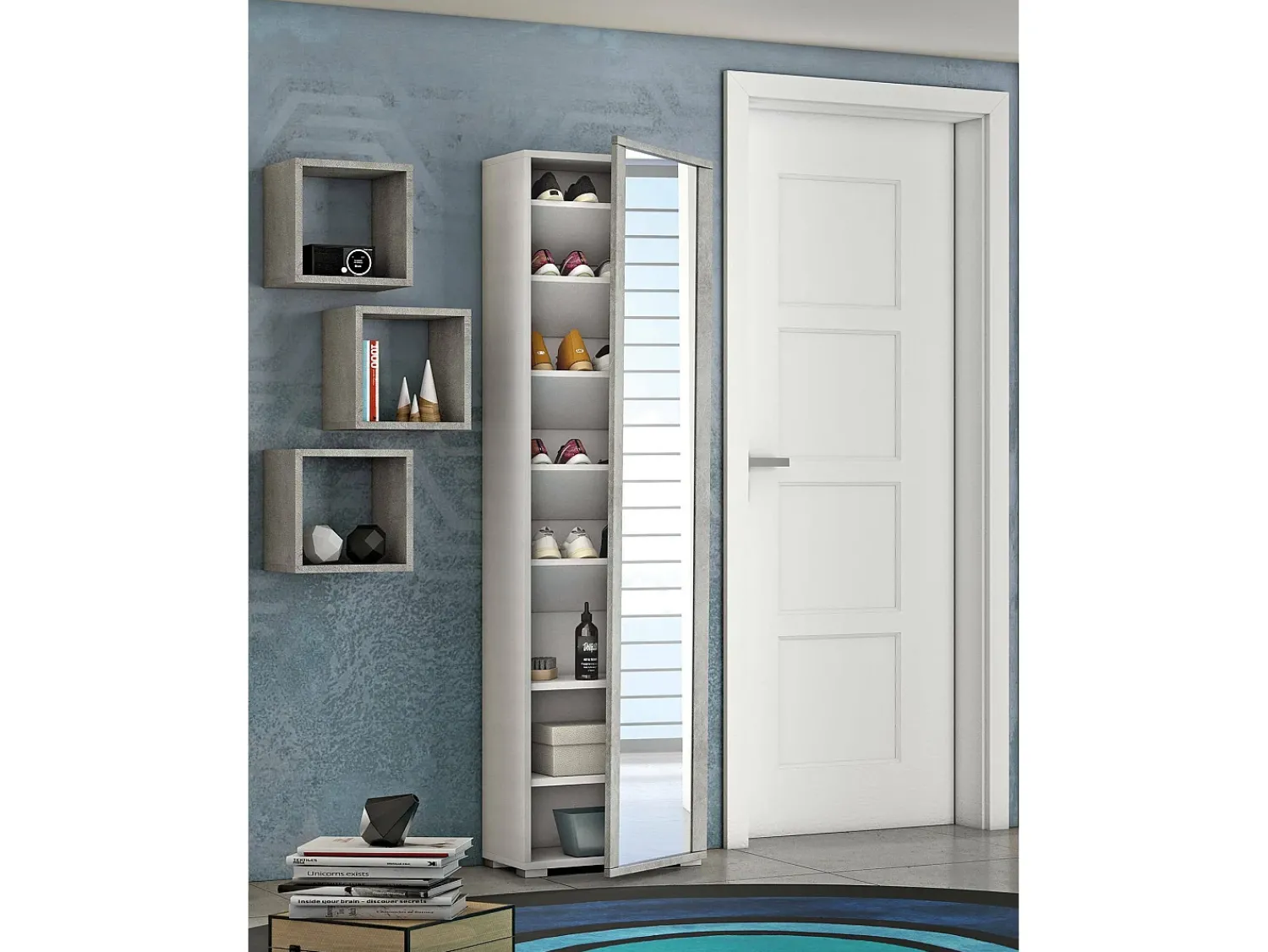 Móvel De Arrumação|Sapateira*Dmora Sapateira Dcandel, móvel de entrada multiuso com porta espelhada, sapateira moderna com 7 prateleiras, 100% Fabricado na Itália, 50x32hx182 cm, Branco e Cimento Cinzento claro / Branco