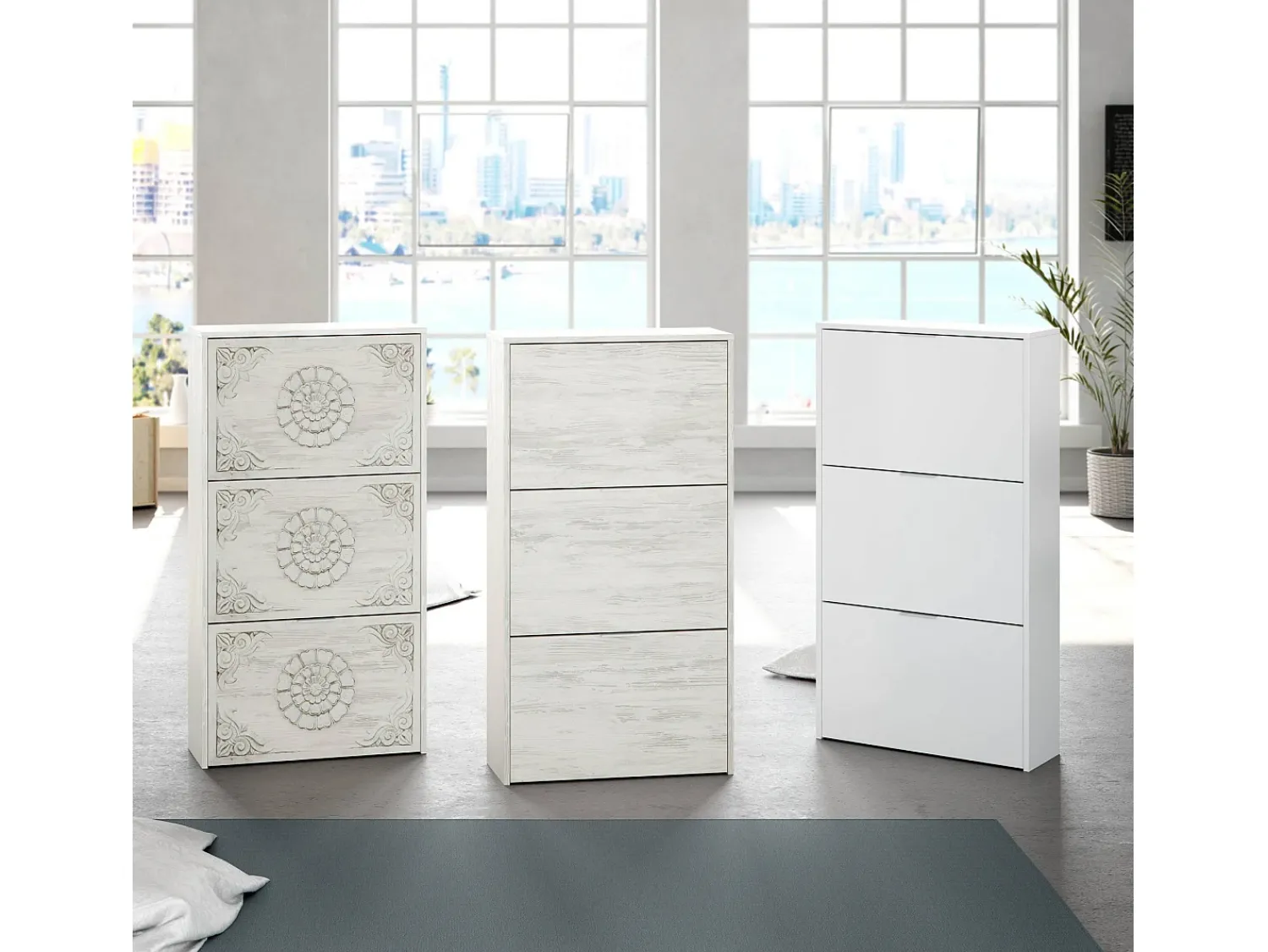 Móvel De Arrumação|Sapateira*Dmora Sapateira Dcosta, guarda-roupa com 3 portas sanfonadas, armário de dupla capacidade para até 18 pares de sapatos, 70x17h180 cm, Branco