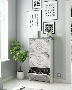 Móvel De Arrumação|Sapateira|Dmora Sapateira Dcosta, guarda-roupa com 3 portas sanfonadas, armário de dupla capacidade para até 18 pares de sapatos, 60x22h113 cm, antigo Branco