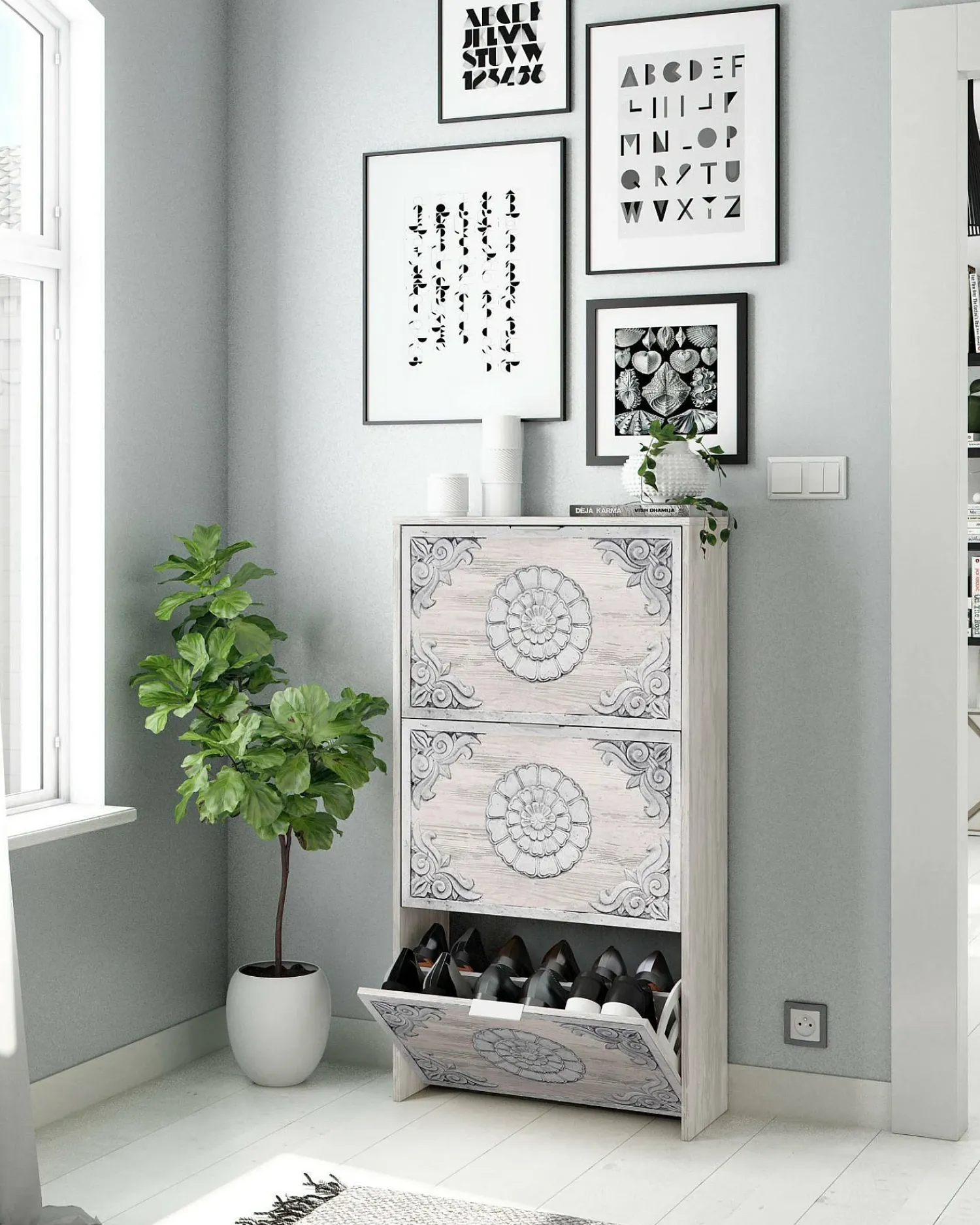 Móvel De Arrumação|Sapateira|Dmora Sapateira Dcosta, guarda-roupa com 3 portas sanfonadas, armário de dupla capacidade para até 18 pares de sapatos, 60x22h113 cm, antigo Branco