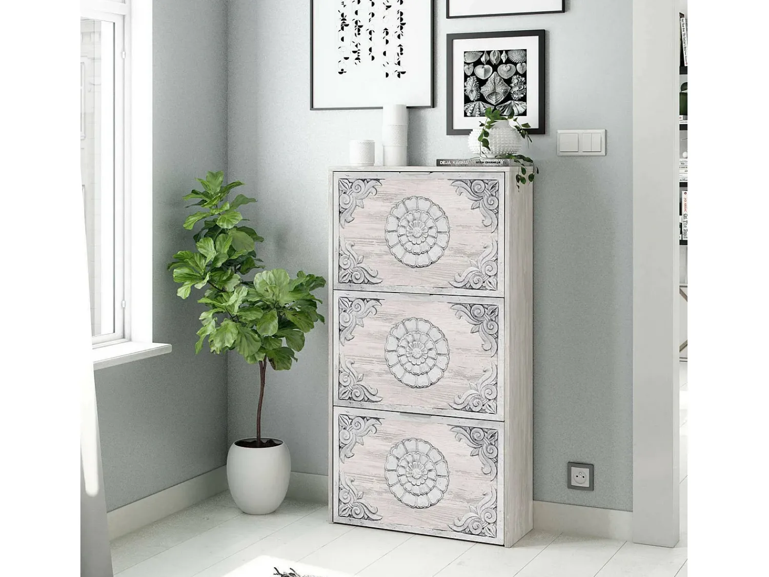 Móvel De Arrumação|Sapateira|Dmora Sapateira Dcosta, guarda-roupa com 3 portas sanfonadas, armário de dupla capacidade para até 18 pares de sapatos, 60x22h113 cm, antigo Branco