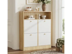 Clearance Merax Sapateira de 4 portas - 90 x 24 x 104,5 cm - com prateleiras abertas - para hall de entrada/corredor - MDF - natural + branco Natural claro