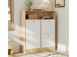 Clearance Merax Sapateira de 4 portas - 90 x 24 x 104,5 cm - com prateleiras abertas - para hall de entrada/corredor - MDF - natural + branco Natural claro