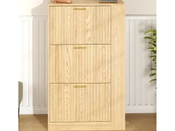 Merax Sapateira de madeira - 70 x 23,5 x 11,5 cm - Design com 3 portas + prateleiras abertas - MDF - cor natural^ Móvel De Arrumação|Sapateira