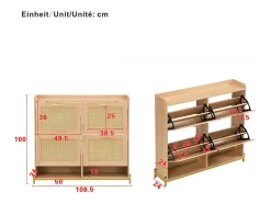 Online Merax Sapateira de madeira com 4 portas de rattan - 108,5 x 24 x 100 cm - estrutura metálica - MDF - cor natural Natural claro