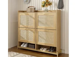 Online Merax Sapateira de madeira com 4 portas de rattan - 108,5 x 24 x 100 cm - estrutura metálica - MDF - cor natural Natural claro