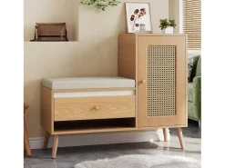 Móvel De Arrumação|Sapateira|Merax Sapateira de rattan - 95,5 x 35 x 80,5 cm - com porta + almofada para assento + gaveta + espaço de armazenamento aberto - MDF - cor natural Natural claro