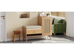 Móvel De Arrumação|Sapateira|Merax Sapateira de rattan - 95,5 x 35 x 80,5 cm - com porta + almofada para assento + gaveta + espaço de armazenamento aberto - MDF - cor natural Natural claro