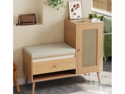 Móvel De Arrumação|Sapateira|Merax Sapateira de rattan - 95,5 x 35 x 80,5 cm - com porta + almofada para assento + gaveta + espaço de armazenamento aberto - MDF - cor natural Natural claro