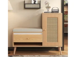 Móvel De Arrumação|Sapateira|Merax Sapateira de rattan - 95,5 x 35 x 80,5 cm - com porta + almofada para assento + gaveta + espaço de armazenamento aberto - MDF - cor natural Natural claro