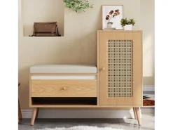 Móvel De Arrumação|Sapateira|Merax Sapateira de rattan - 95,5 x 35 x 80,5 cm - com porta + almofada para assento + gaveta + espaço de armazenamento aberto - MDF - cor natural Natural claro