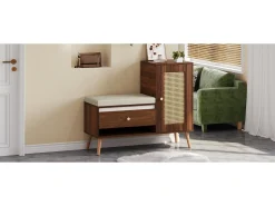 Online Merax Sapateira de vime - 95,5 x 35 x 80,5 cm - com porta + almofada para assento + gaveta + espaço de armazenamento aberto - MDF - marrom Castanho