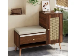 Online Merax Sapateira de vime - 95,5 x 35 x 80,5 cm - com porta + almofada para assento + gaveta + espaço de armazenamento aberto - MDF - marrom Castanho
