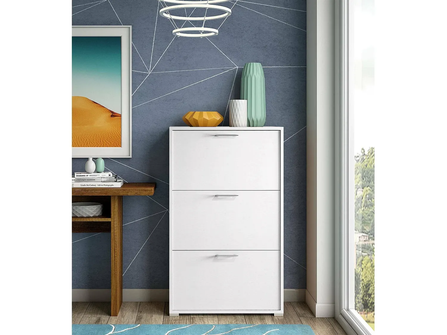 Móvel De Arrumação|Sapateira*Dmora Sapateira Dferrari, móvel de entrada multiuso com 3 portas sanfonadas, sapateira moderna, 100% Fabricado na Itália, 67x18h112 cm, Branco