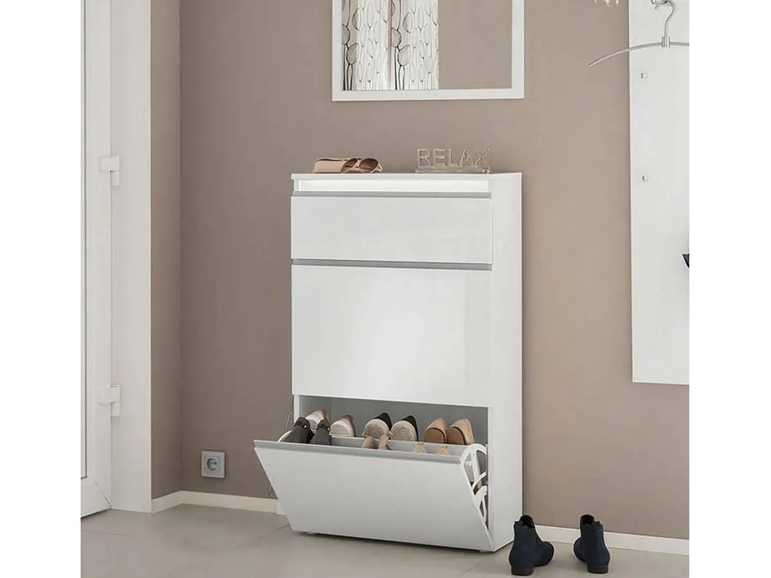 Móvel De Arrumação|Sapateira*Dmora Sapateira Dlogarz, Armário multiuso com 2 portas e 1 porta basculante, Sapateira de entrada, 100% Fabricado na Itália, 60x27h108 cm, brilhante Branco